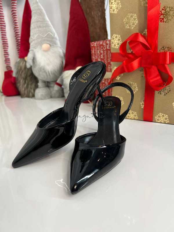 B098 Eleganckie Czarne Szpilki Slingback Lakier