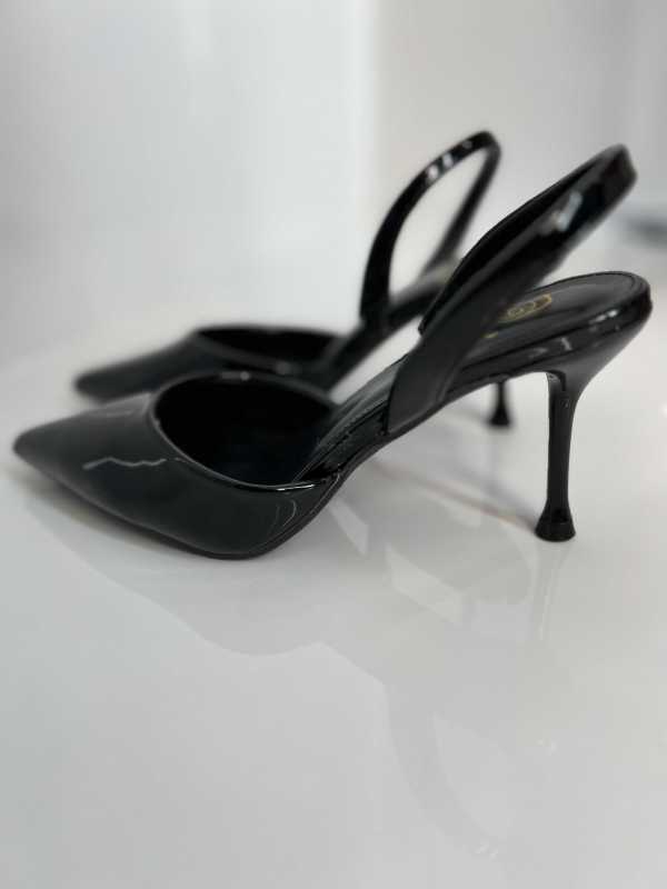 B098 Eleganckie Czarne Szpilki Slingback Lakier