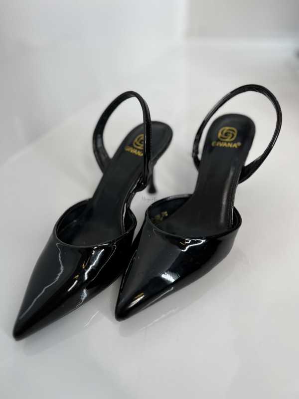 B098 Eleganckie Czarne Szpilki Slingback Lakier