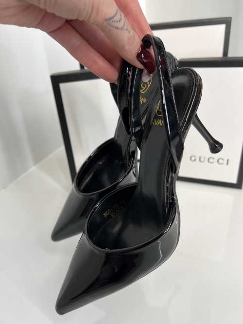 B098 Eleganckie Czarne Szpilki Slingback Lakier