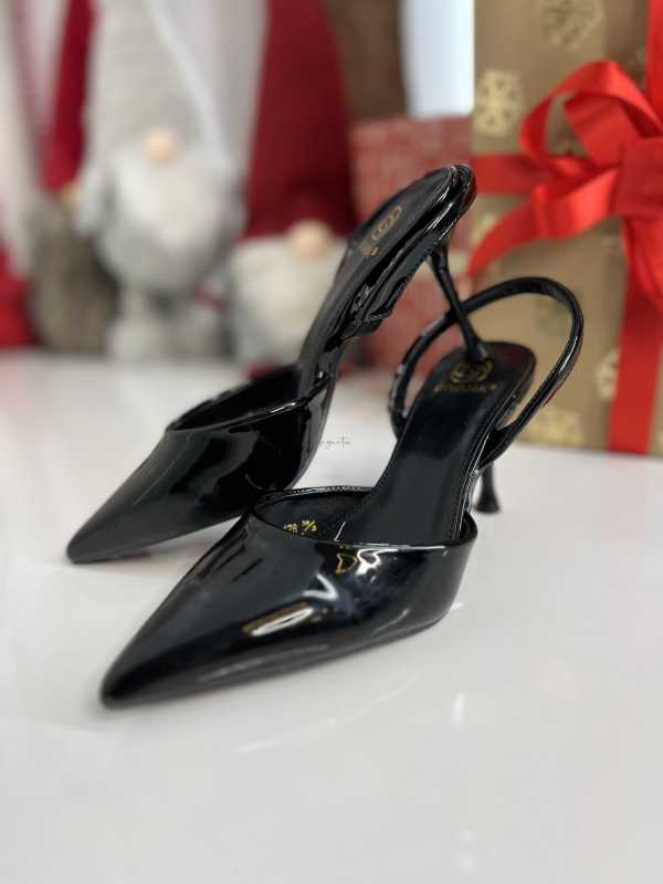B098 Eleganckie Czarne Szpilki Slingback Lakier