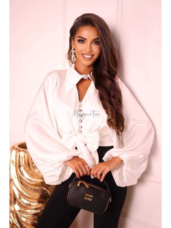 LD109 Elegancka Koszula Satyna Złote Guziczki Biała