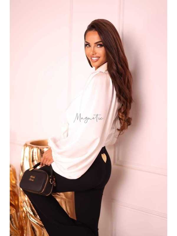 LD109 Elegancka Koszula Satyna Złote Guziczki Biała