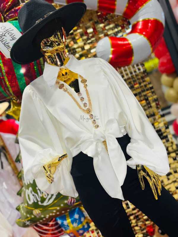 LD109 Elegancka Koszula Satyna Złote Guziczki Biała