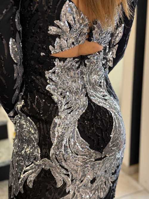 NB110 Sukienka Wieczorowa Luxury Cekiny Srebrno-Czarna
