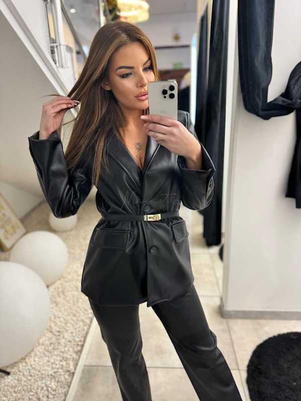 DM763 Marynarka z Ekoskóry + pasek Czarna