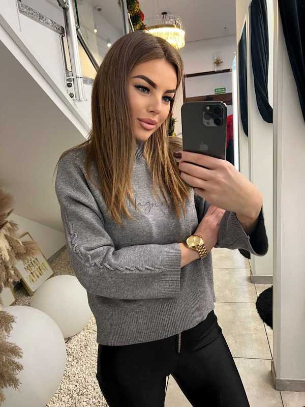 NB814 Sweter Golf Pleciony Rękaw Szary