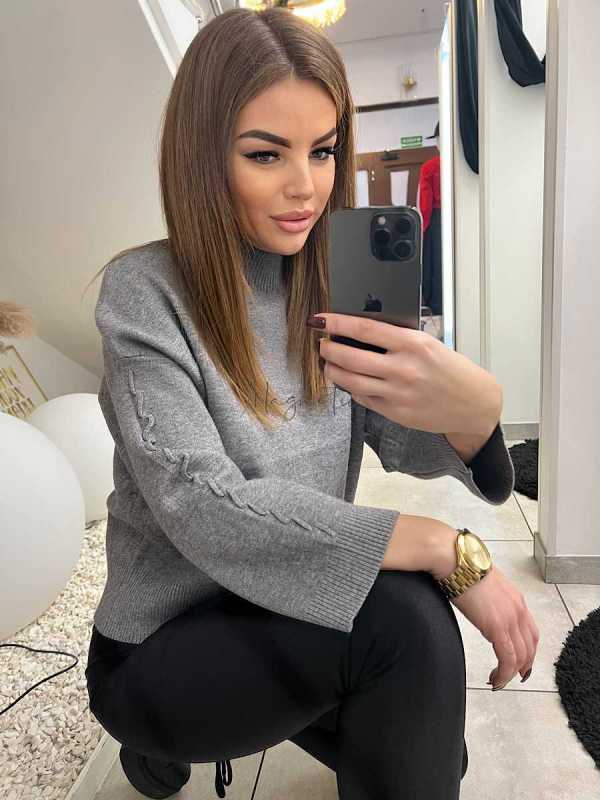 NB814 Sweter Golf Pleciony Rękaw Szary