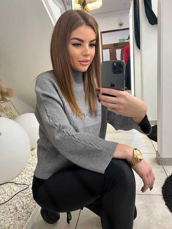 NB814 Sweter Golf Pleciony Rękaw Szary