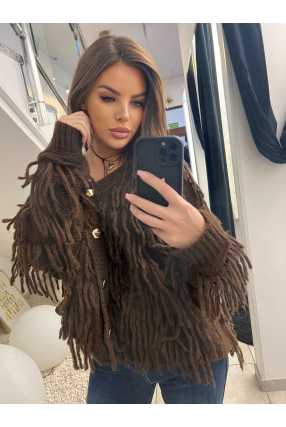 NB674 Sweter Kardigan Złote Guziki Brązowy Frędzle