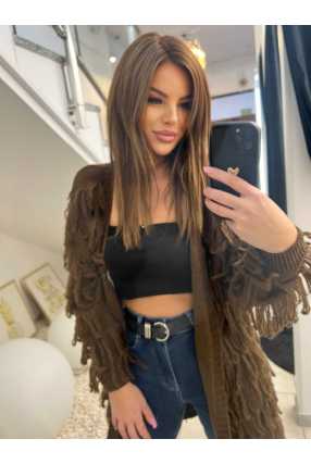 NB672 Sweter Kardigan Długi Brązowy Frędzle