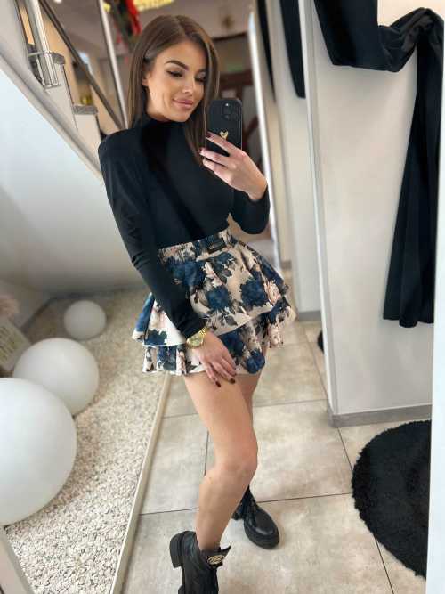 ML975 Spódnico-spodenki Falbanki Milla Ecru + Granatowe Kwiaty