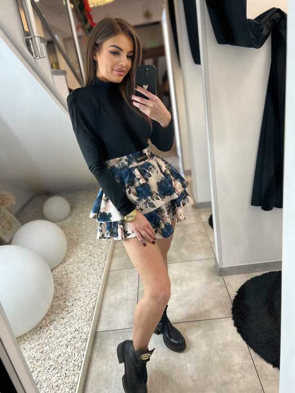 ML975 Spódnico-spodenki Falbanki Milla Ecru + Granatowe Kwiaty