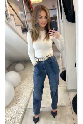 NB839 Spodnie Granatowe Jeansy Wide Leg Prosta Nogawka + Jasny Pasek