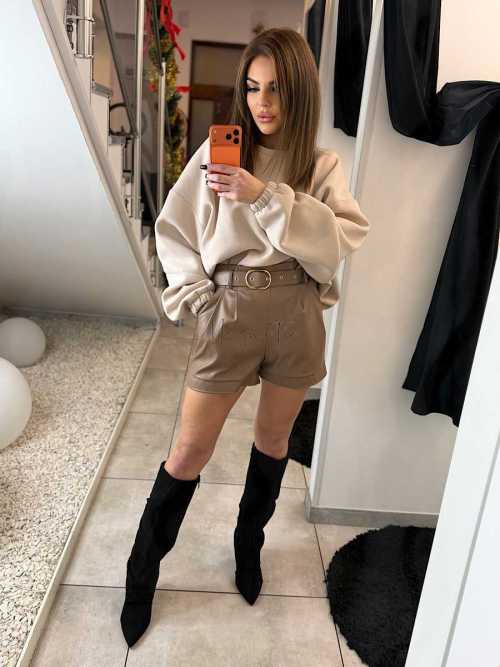 DM808 Spodenki Ekoskóra Beżowe + Pasek