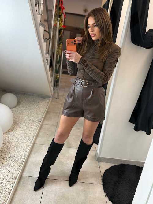 DM808 Spodenki Ekoskóra Brązowe + Pasek