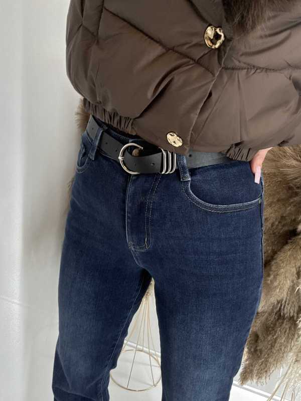 NB840 Spodnie Granatowe Jeansy Wide Leg Prosta Nogawka +pasek