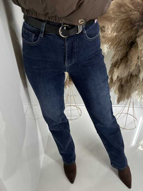 NB840 Spodnie Granatowe Jeansy Wide Leg Prosta Nogawka +pasek