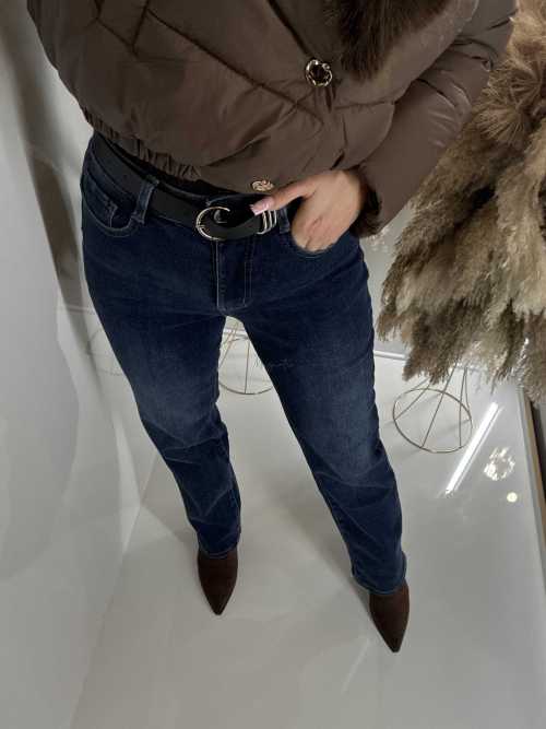 NB840 Spodnie Granatowe Jeansy Wide Leg Prosta Nogawka +pasek