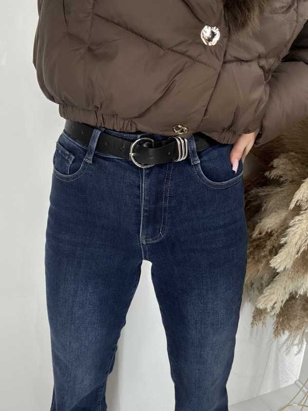 NB840 Spodnie Granatowe Jeansy Wide Leg Prosta Nogawka +pasek