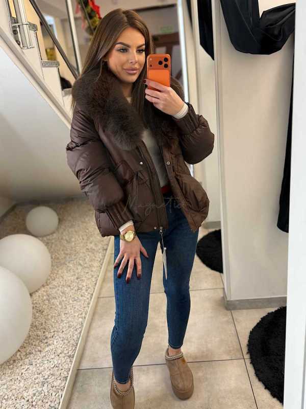 DM022 Kurtka Pikowana Zimowa Brązowa  + Kołnierz z Futerka