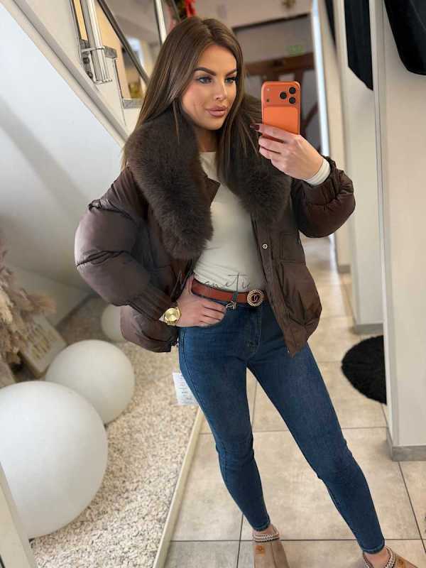 DM022 Kurtka Pikowana Zimowa Brązowa  + Kołnierz z Futerka