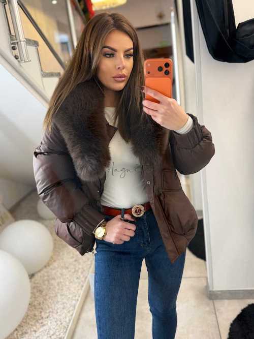 DM022 Kurtka Pikowana Zimowa Brązowa  + Kołnierz z Futerka