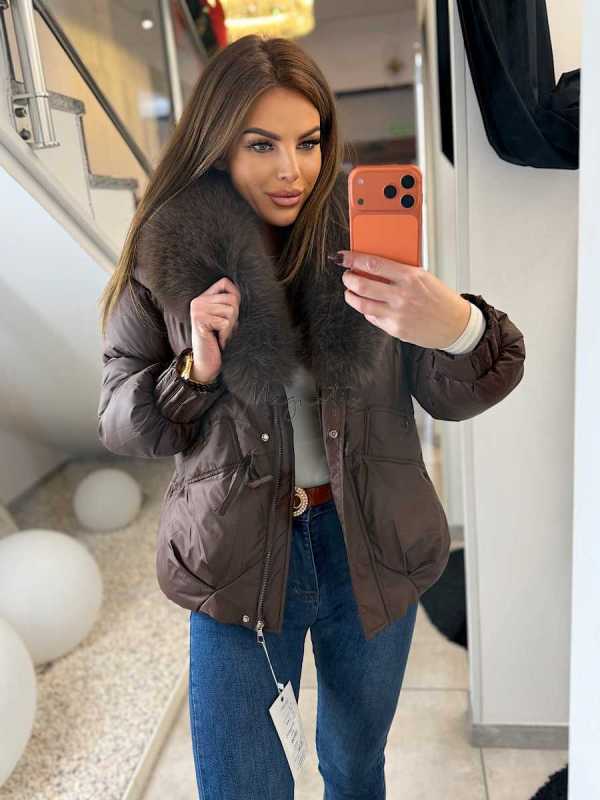 DM022 Kurtka Pikowana Zimowa Brązowa  + Kołnierz z Futerka