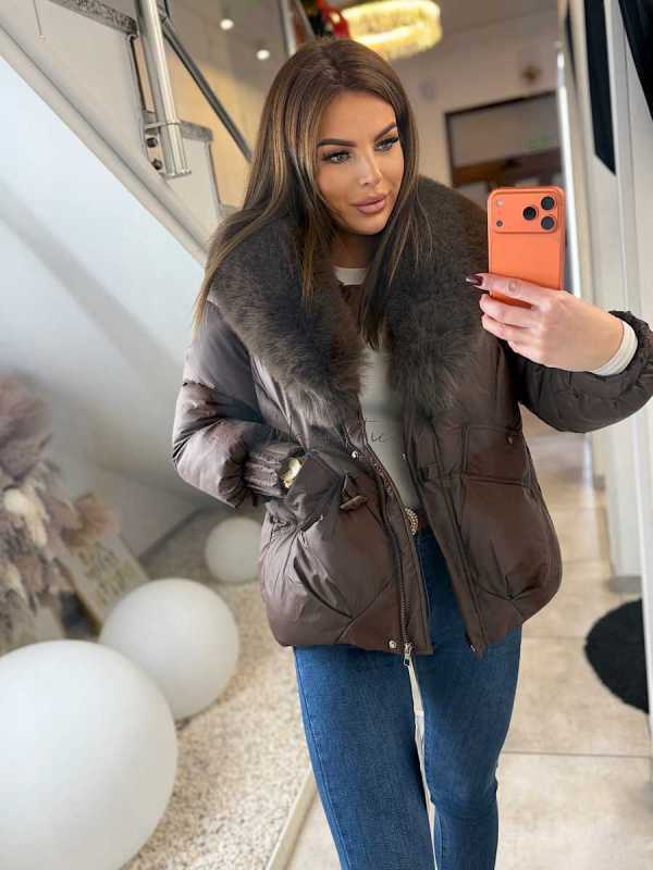 DM022 Kurtka Pikowana Zimowa Brązowa  + Kołnierz z Futerka