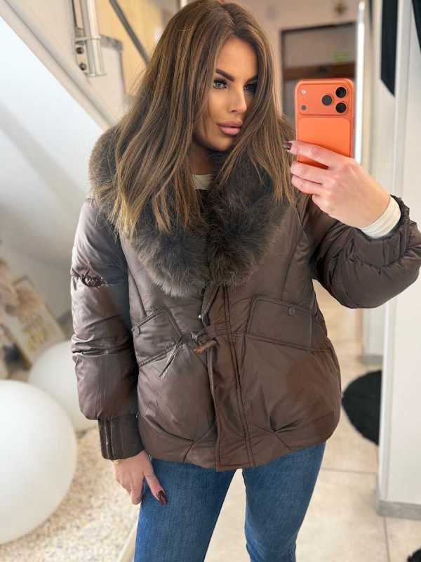 DM022 Kurtka Pikowana Zimowa Brązowa  + Kołnierz z Futerka