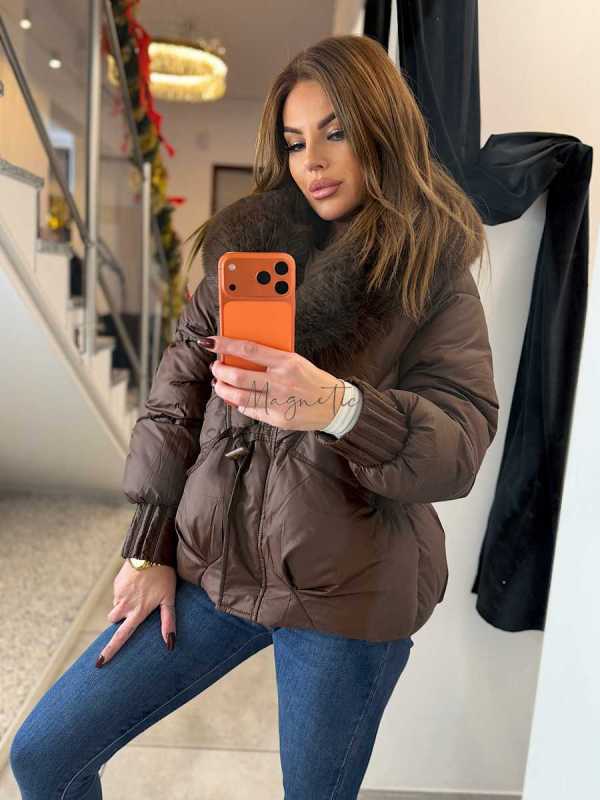 DM022 Kurtka Pikowana Zimowa Brązowa  + Kołnierz z Futerka