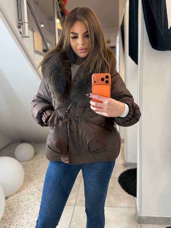 DM022 Kurtka Pikowana Zimowa Brązowa  + Kołnierz z Futerka