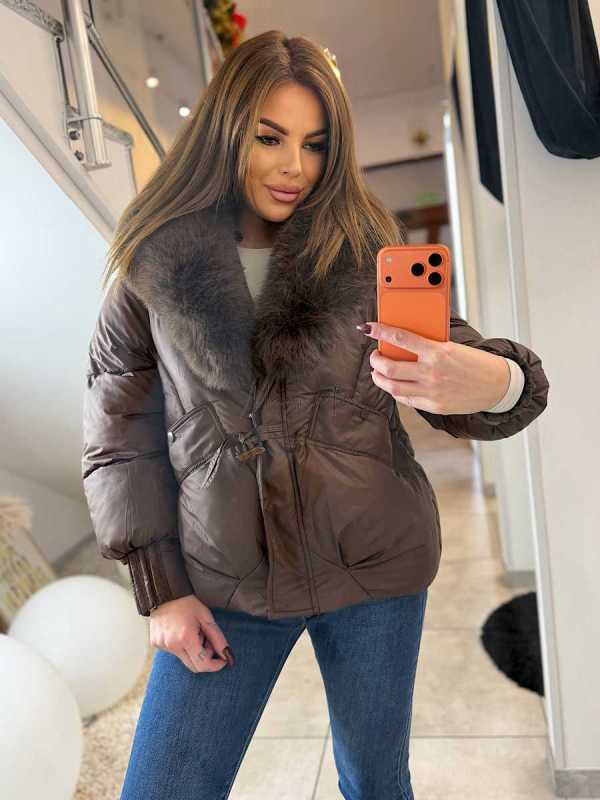 DM022 Kurtka Pikowana Zimowa Brązowa  + Kołnierz z Futerka