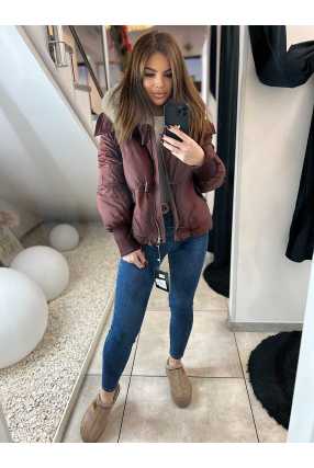 DM993 Kurtka Pikowana Zimowa Bordowa  + Kołnierz z Futerka