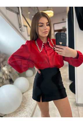 NB081 Elegancka Koszula S/M Satyna Ozdobny Kołnierzyk Czerwona