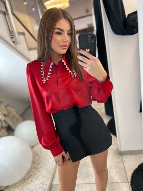 NB081 Elegancka Koszula S/M Satyna Ozdobny Kołnierzyk Czerwona