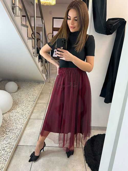 NB716 Spódnica Tiulowa Maxi Bordowa