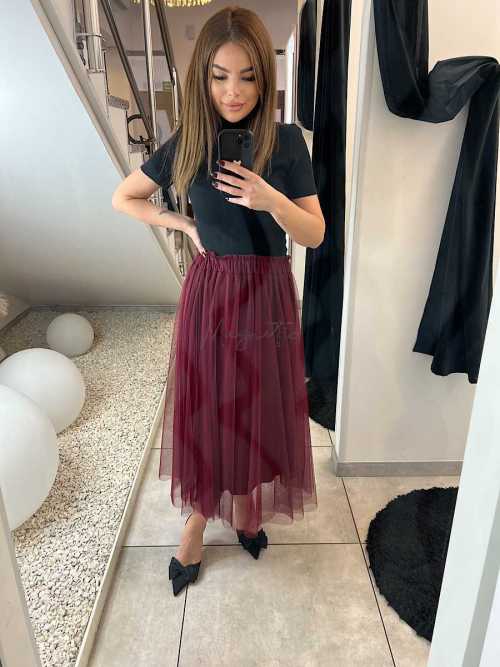 NB716 Spódnica Tiulowa Maxi Bordowa