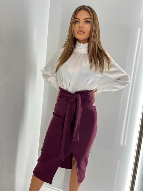 BC737 Spódnica Midi Bawełna Prążek z wiązaniem Bordowa