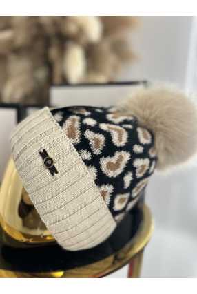 C017 Czapka Z Pomponem Panterka Beżowa