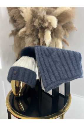 C81 Komplet Czapka + Komin Ze Złoceniem Granatowy