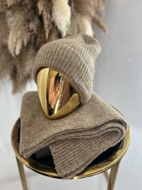 C041 Komplet Czapka + Szalik Akryl Moher Beżowy