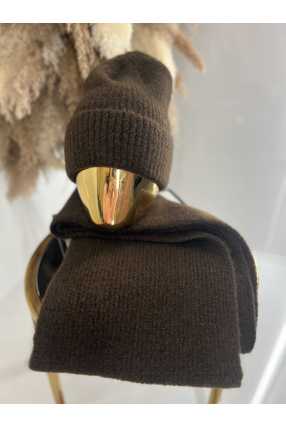 C041 Komplet Czapka + Szaliki Akryl Moher Czekoladowy