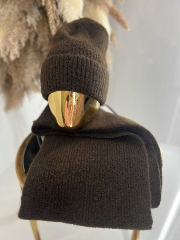 C041 Komplet Czapka + Szaliki Akryl Moher Czekoladowy