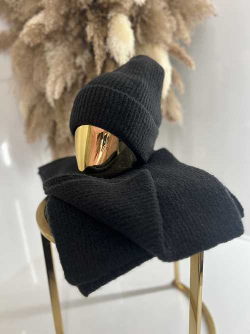 C041 Komplet Czapka + Szalik Akryl Moher Czarny