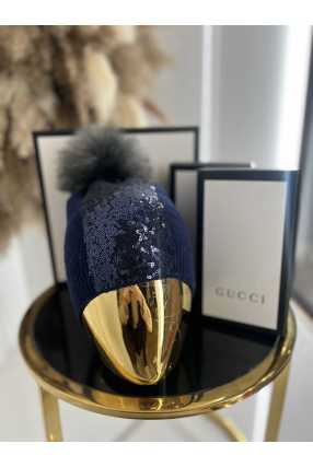 C164 Czapka Damska Grantowa Cekiny Pompon