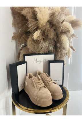 B157 Buty Sneakersy Damskie Zamszowe  Beżowe