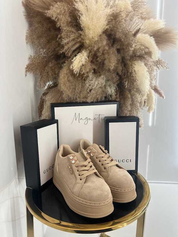 B157 Buty Sneakersy Damskie Zamszowe  Beżowe