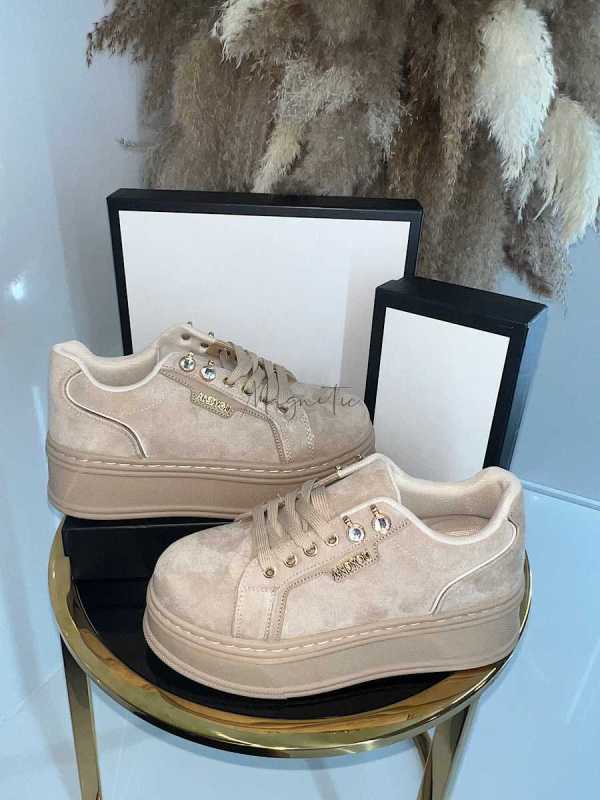 B157 Sneakersy Damskie Beżowe Na Platformie – Modne Buty Sportowe z Cyrkoniami i Złotymi Dodatkami, Ekoskóra Zamszowa