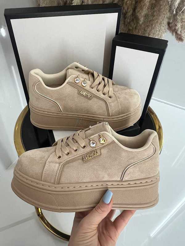 B157 Buty Sneakersy Damskie Zamszowe  Beżowe